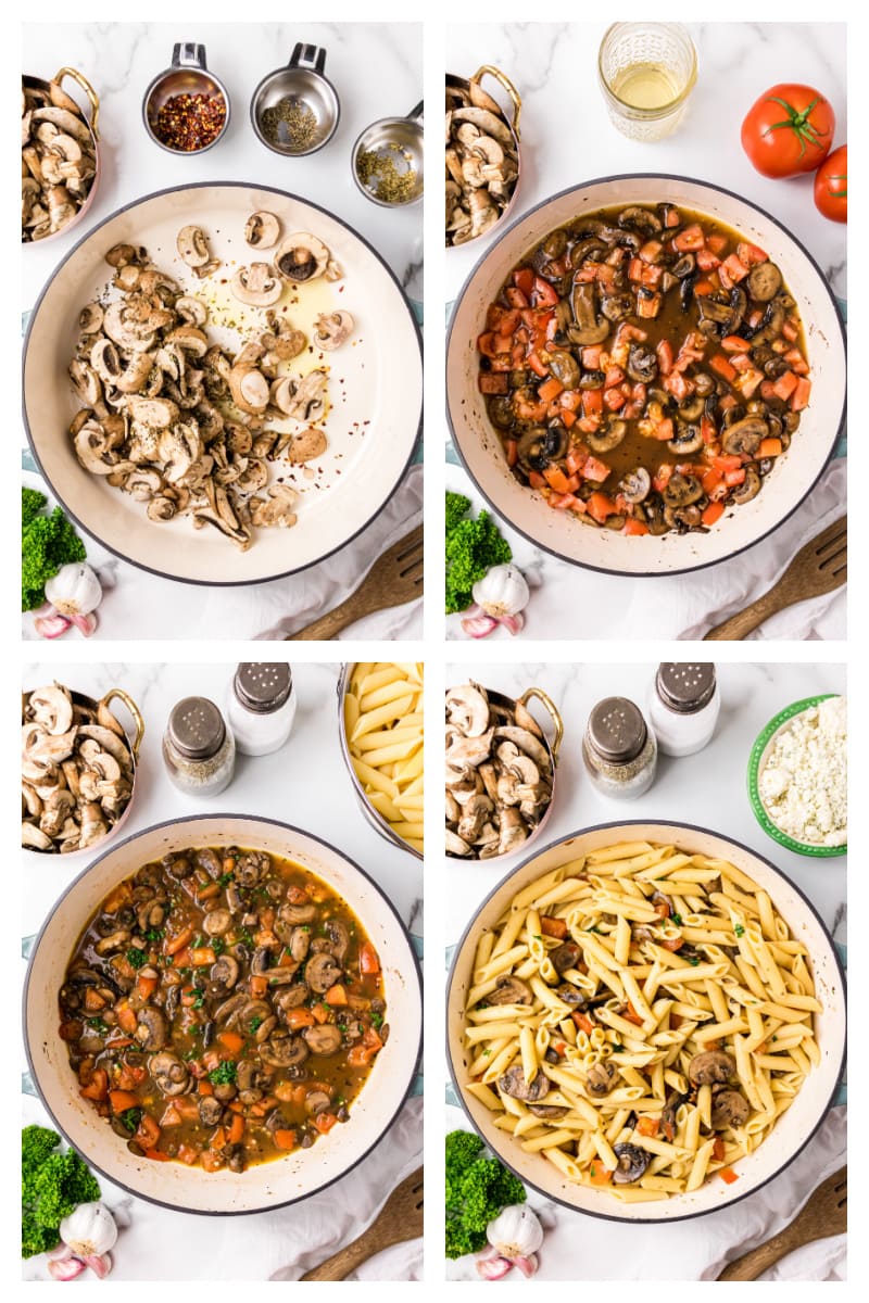 four photos showing prep of pasta dish