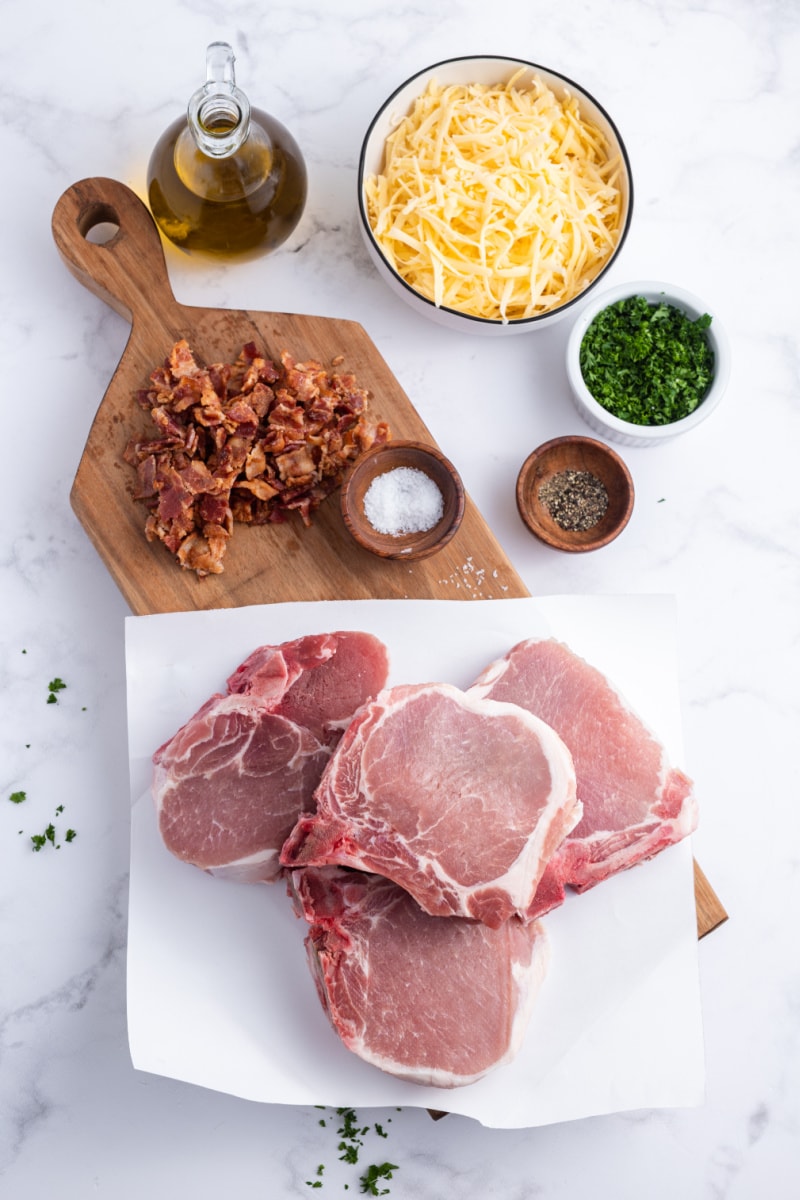 ingredients displayed for making pork chops stuffed with smoked gouda