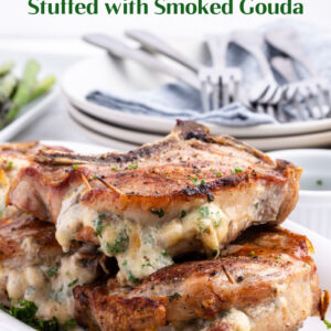 pinterest image for pork chops stuffed with smoked gouda