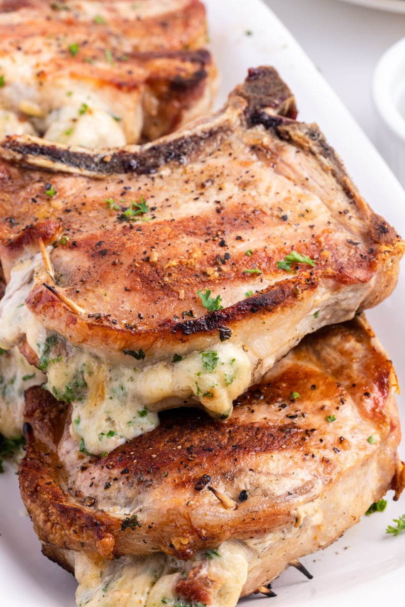 close up pork chops stuffed with smoked gouda