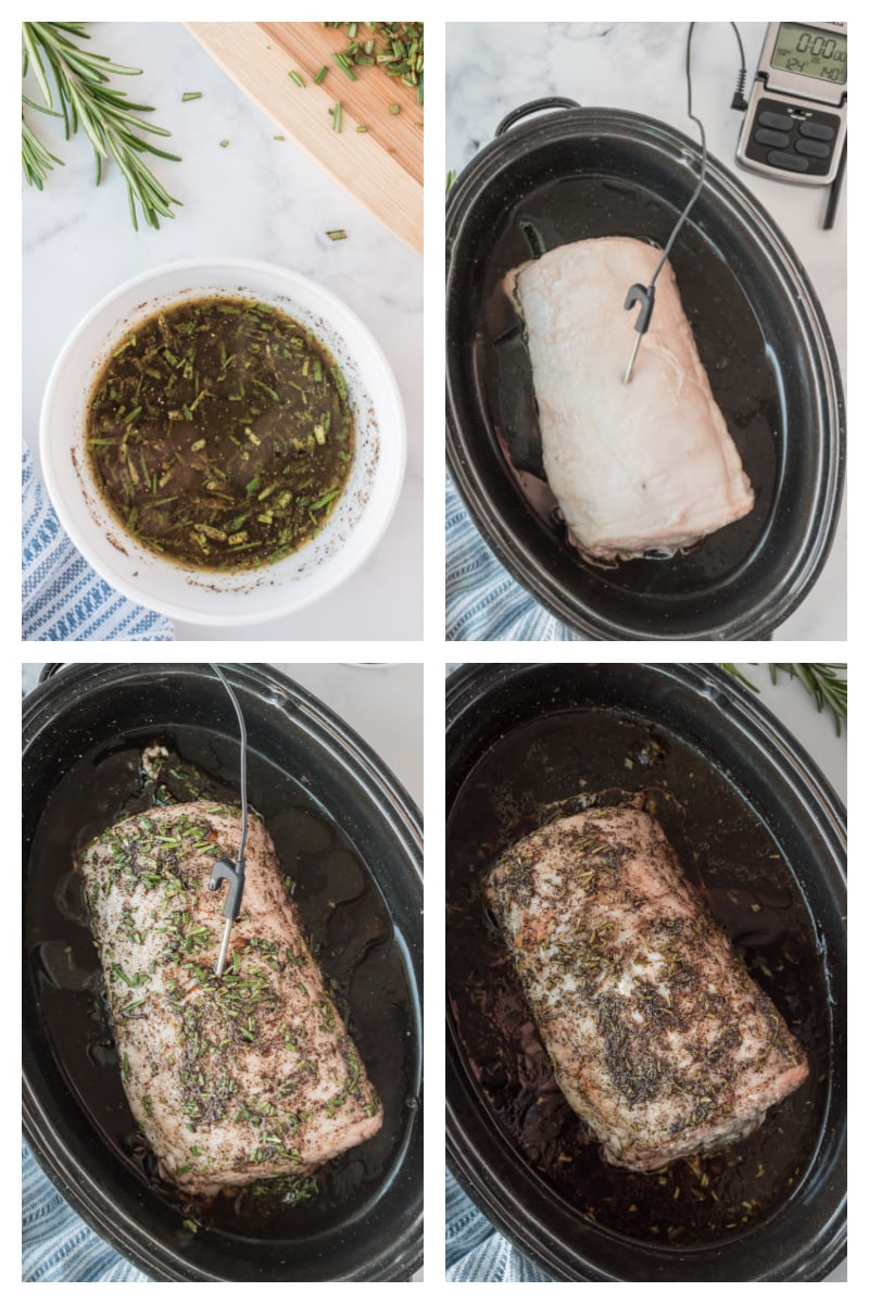 four photos showing process of making rosemary pork roast in slow cooker