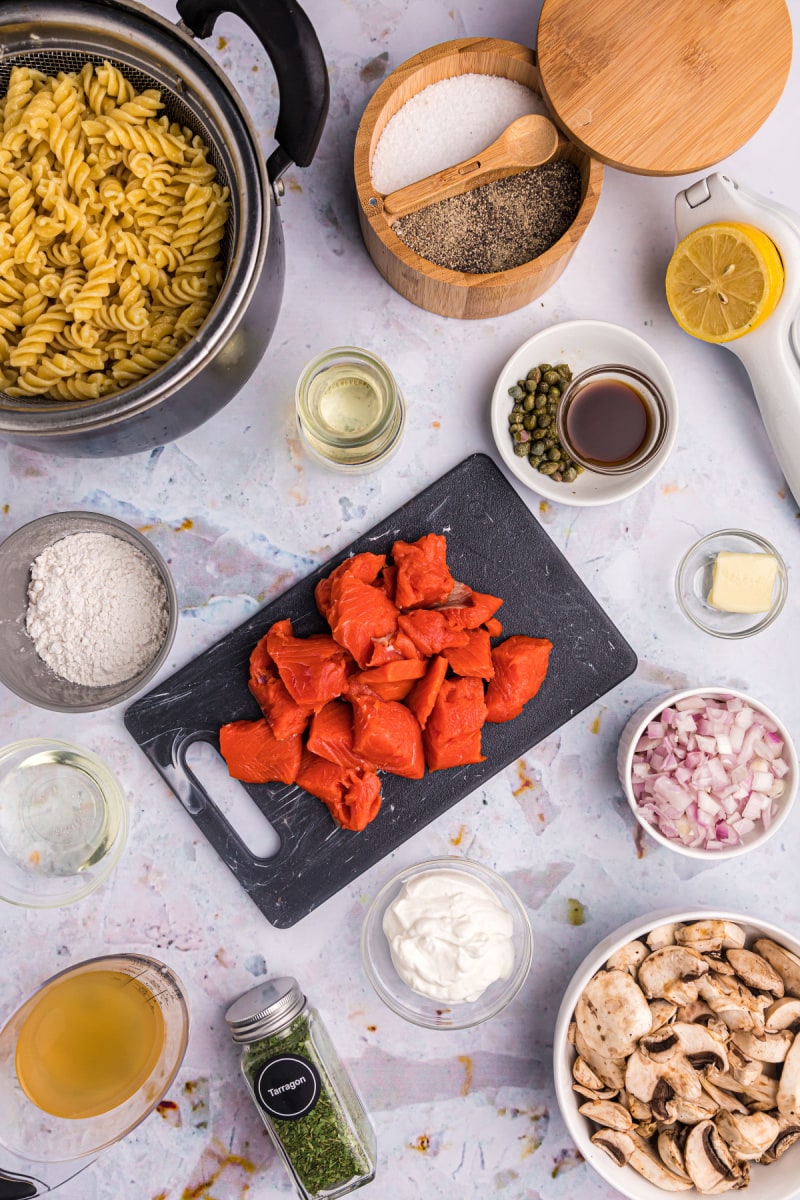 ingredients displayed for making salmon fusilli