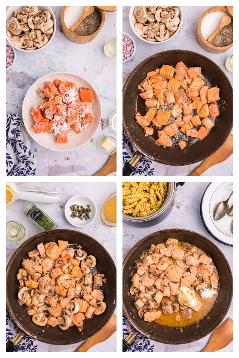 four photos sharing how to make salmon fusilli