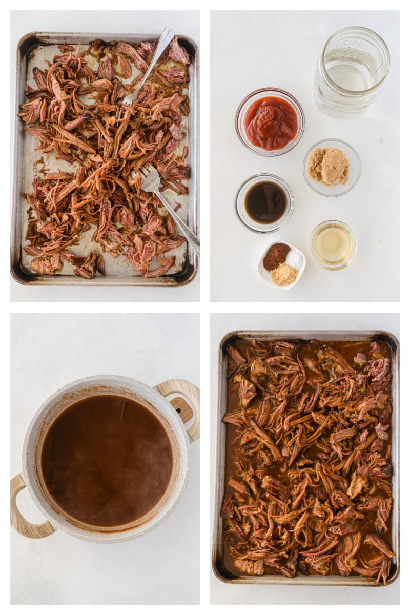 four photos showing how to make barbecued pulled pork