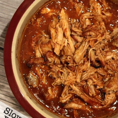 slow cooker pork barbecue in a pot