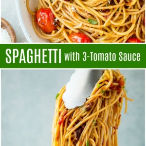 pinterest collage image for spaghetti with 3 tomato sauce