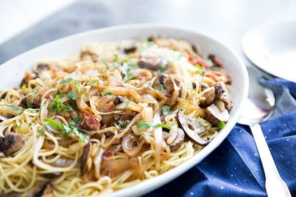 Spaghetti with Caramelized Onions, Mushrooms and Pancetta recipe from RecipeGirl.com