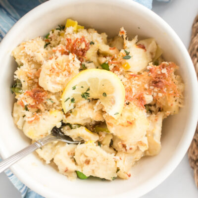 bowl of spring vegetable macaroni and cheese