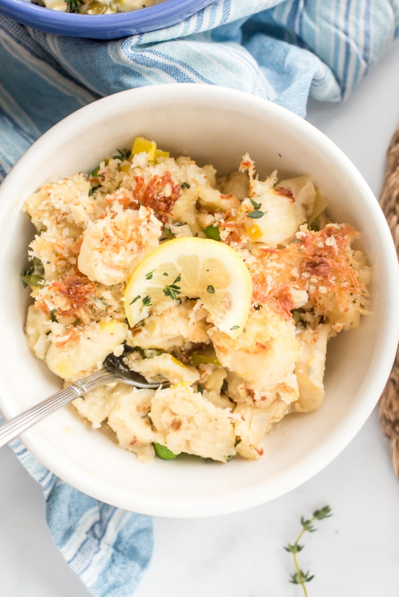 bowl of spring vegetable macaroni and cheese