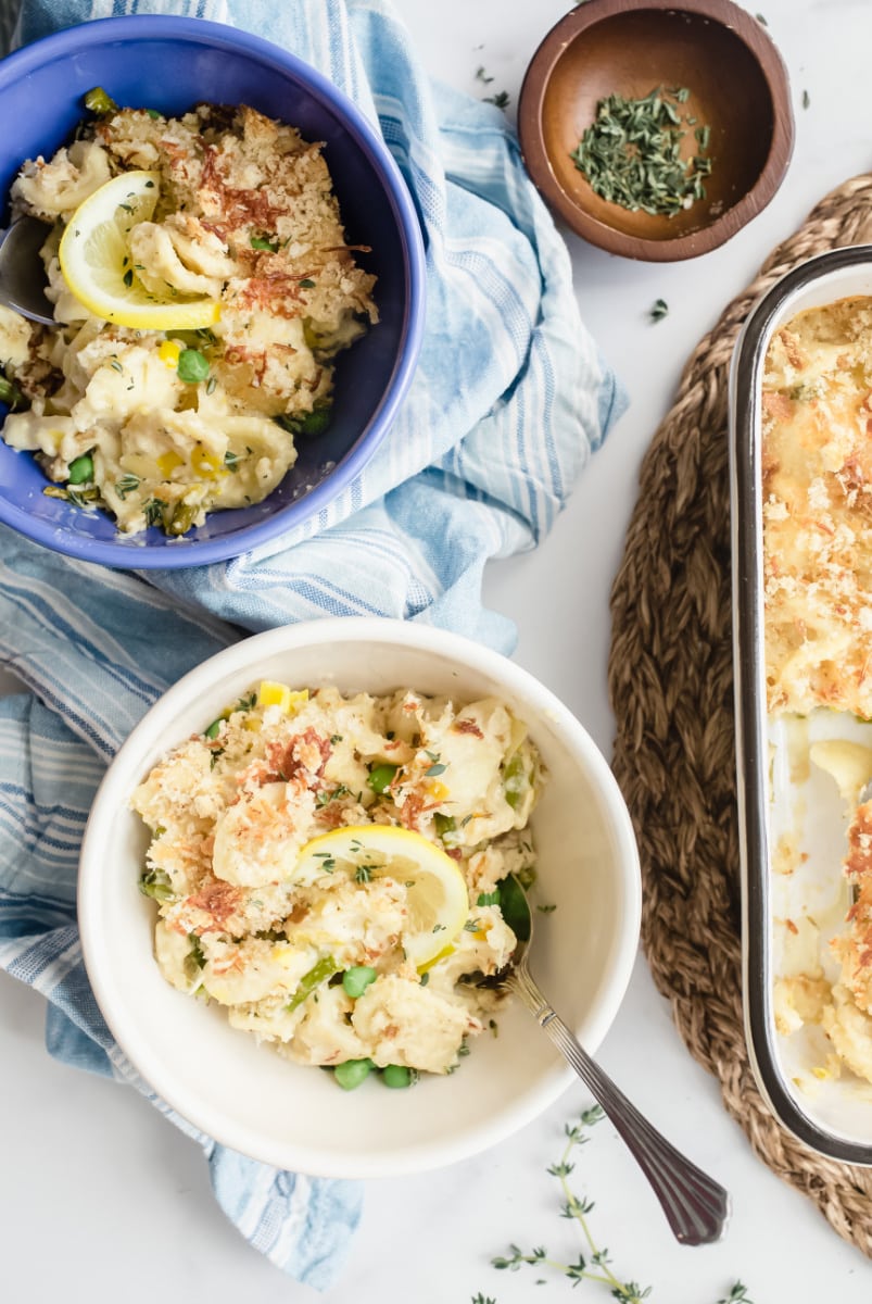 bowls of spring vegetable macaroni and cheese