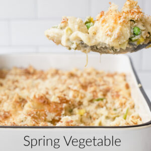 pinterest image for spring vegetable macaroni and cheese