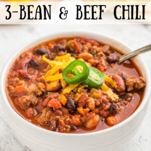 pinterest image for three bean and beef chili