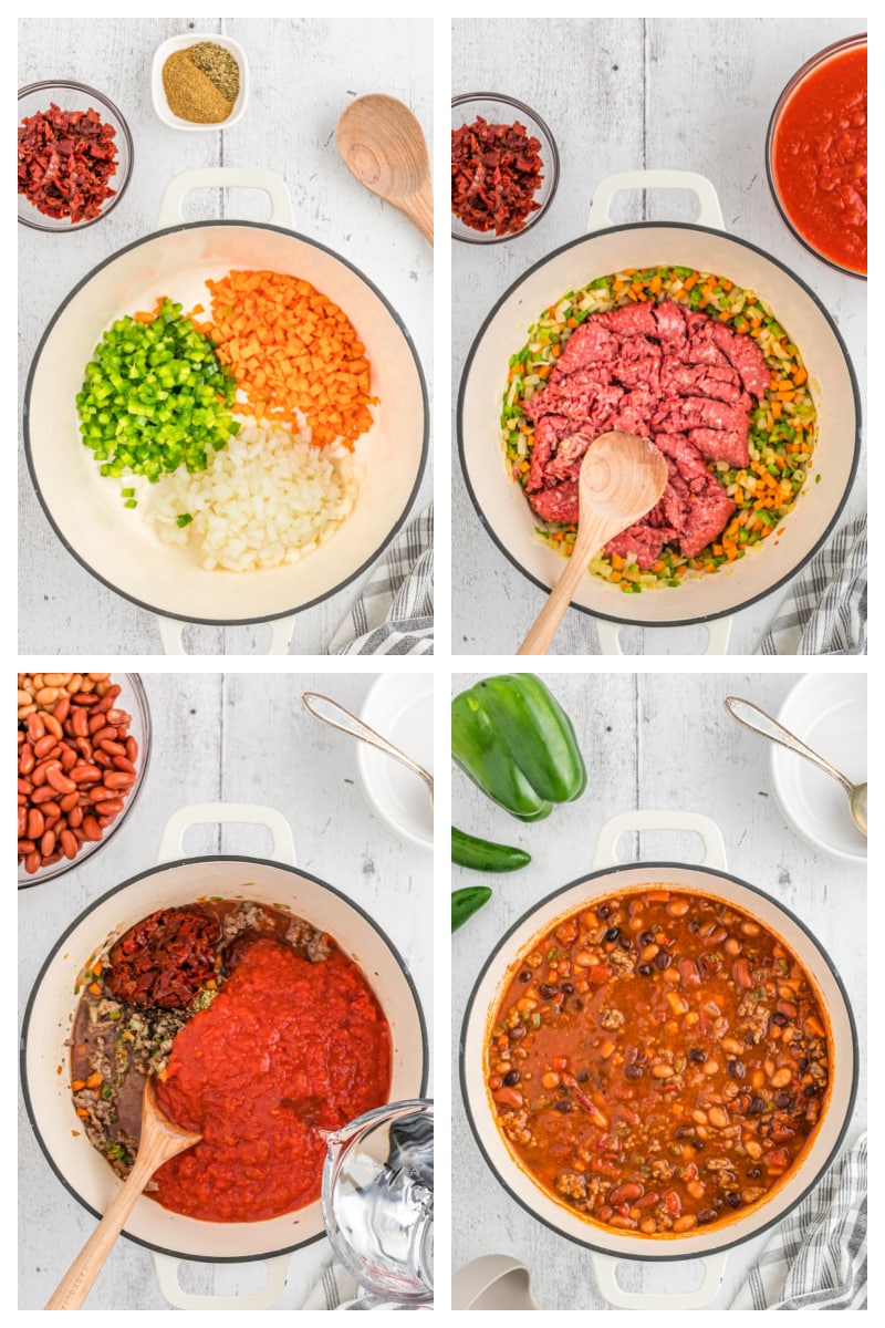 four photos showing how to make three bean and beef chili