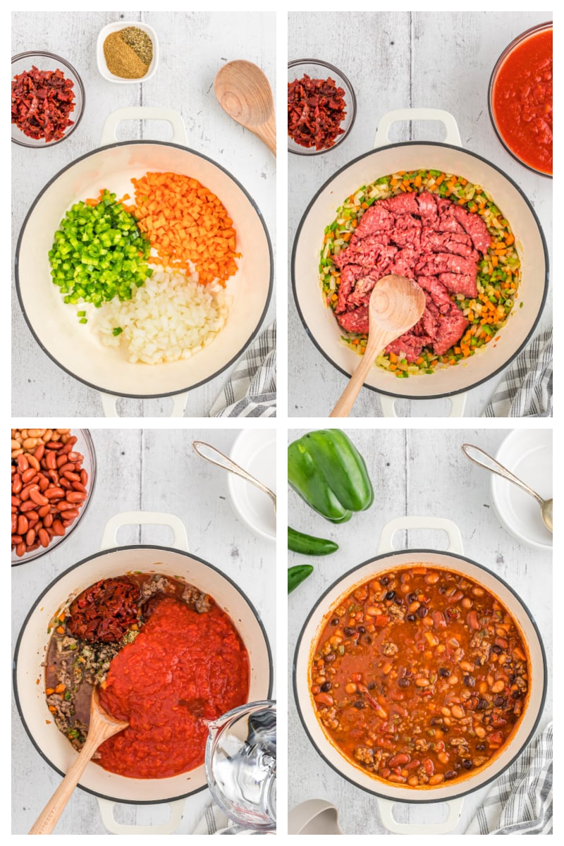 Three Bean and Beef Chili recipe from RecipeGirl.com #threebean #3bean #bean #beef #chili #recipe #RecipeGirl four photos showing how to make three bean and beef chili