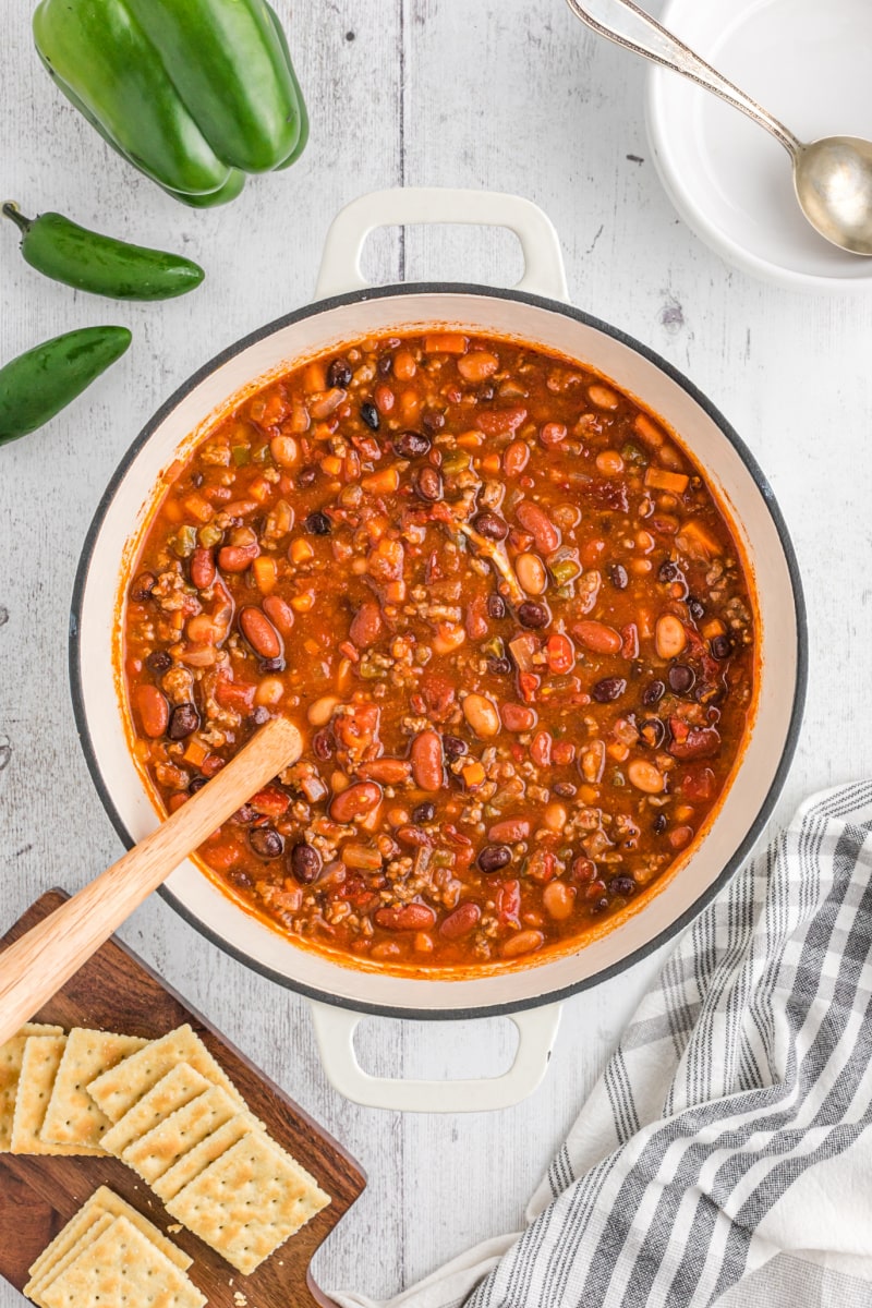 Three Bean and Beef Chili recipe from RecipeGirl.com #threebean #3bean #bean #beef #chili #recipe #RecipeGirl pot of chili