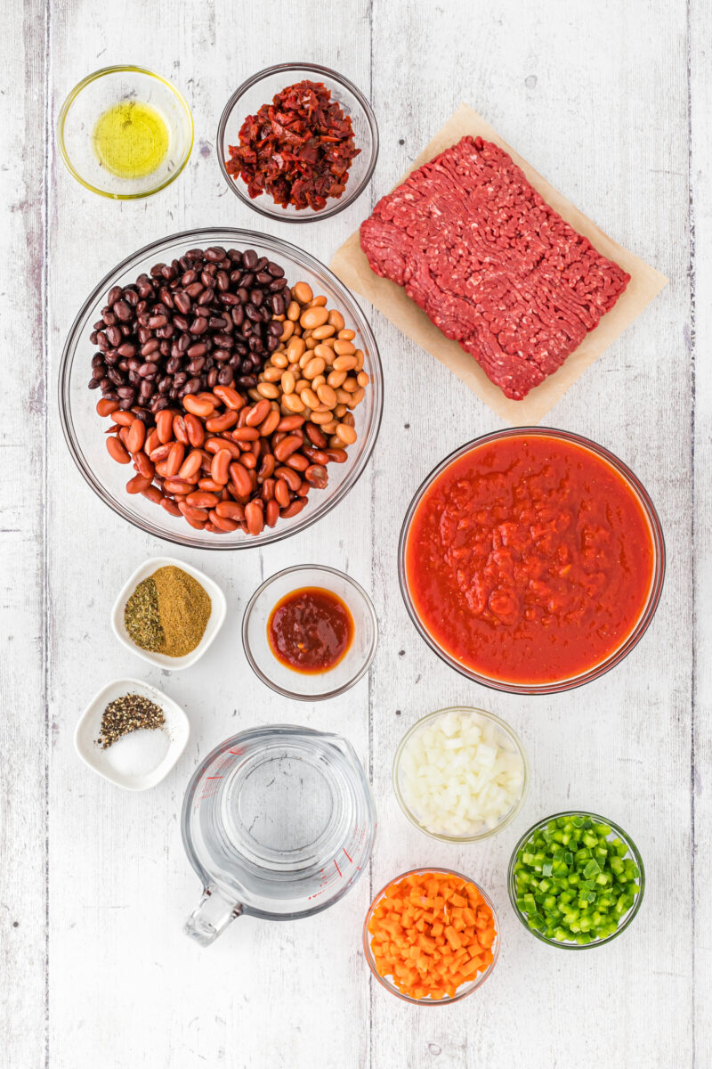 ingredients displayed for making three bean and beef chili