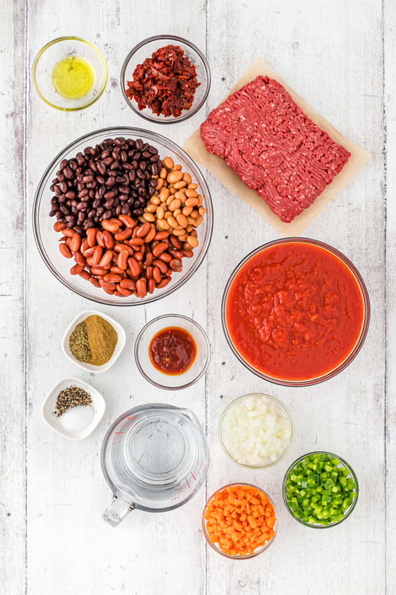 Three Bean and Beef Chili recipe from RecipeGirl.com #threebean #3bean #bean #beef #chili #recipe #RecipeGirl ingredients displayed for making three bean and beef chili