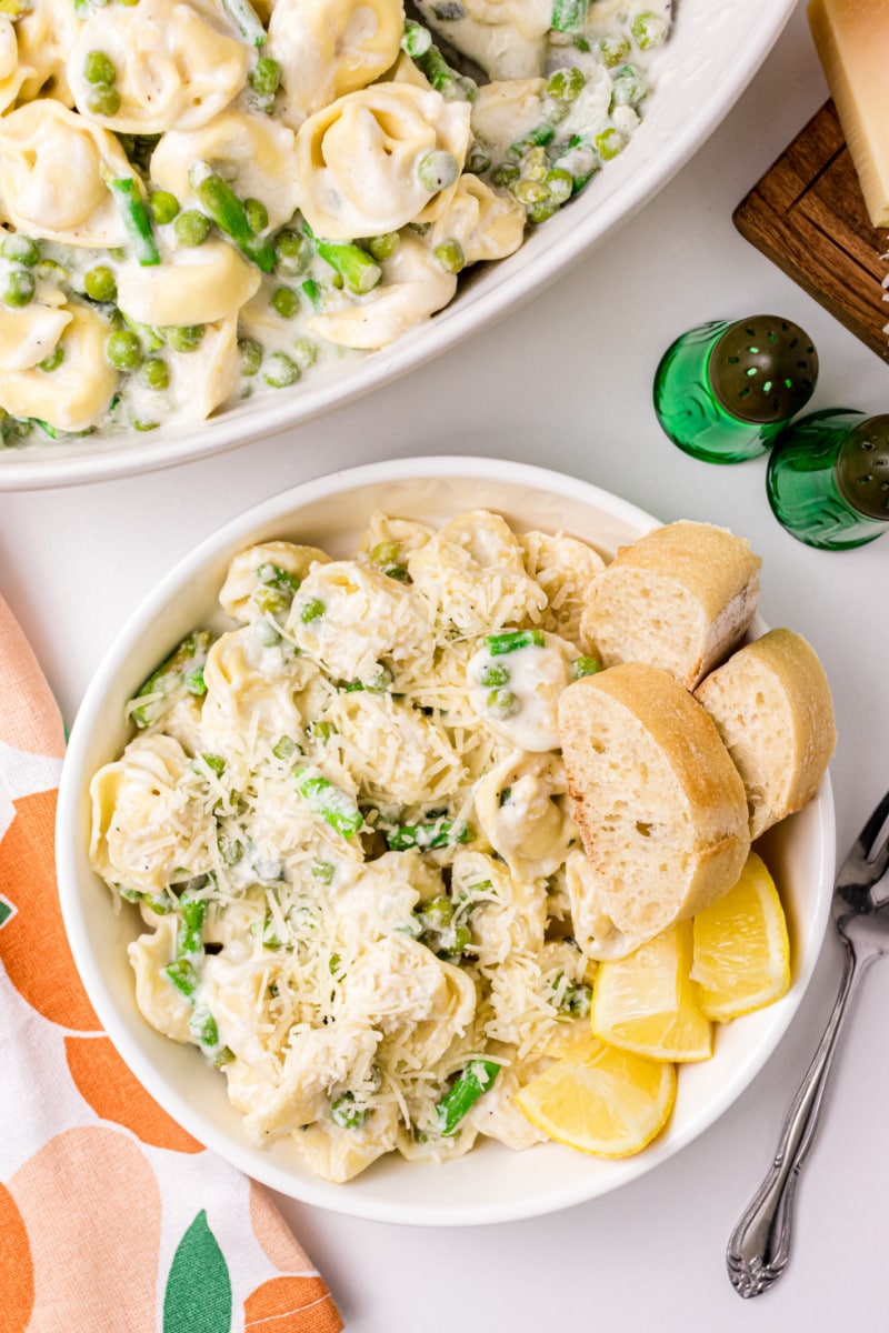 Tortellini, Peas and Asparagus with Creamy Tarragon Sauce in a bowl