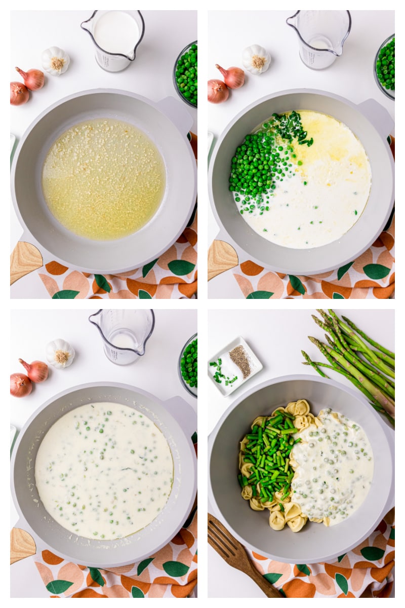 four photos showing how to make tarragon sauce for tortellini