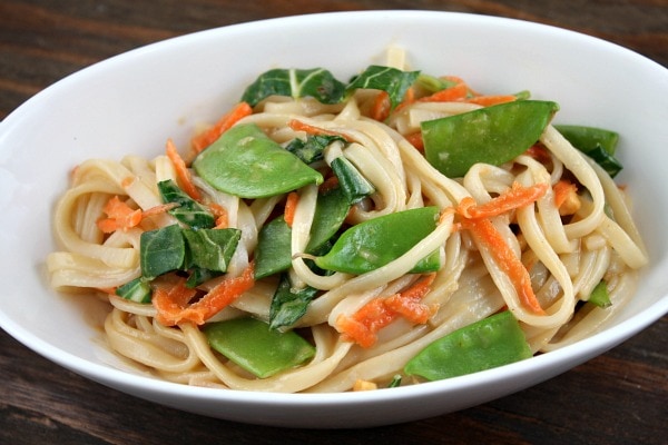 udon noodles with asian vegetables and peanut sauce