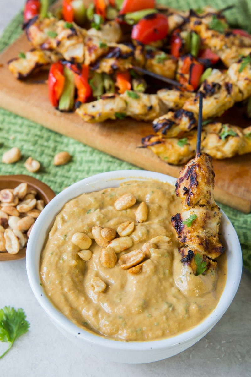 Thai Pumpkin Chicken Satay with pumpkin peanut dipping sauce