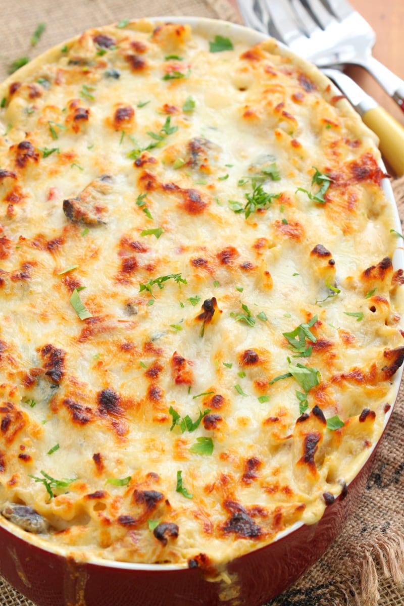 3 cheese chicken penne florentine in a baking dish