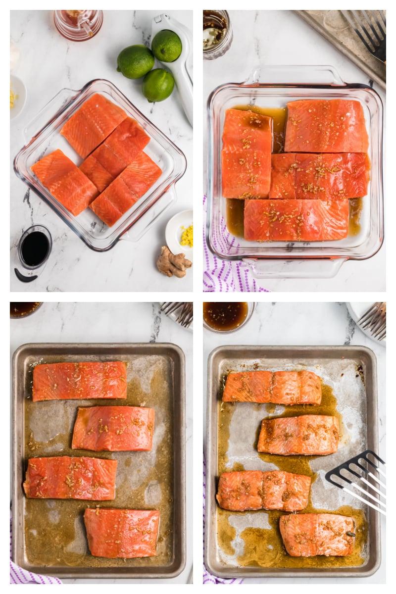 four photos showing process of marinating and then baked salmon fillets