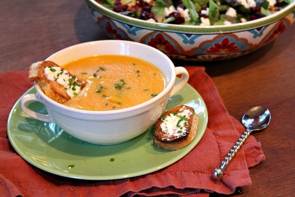 Autumn Vegetable Soup from RecipeGirl.com #soup #comfortfood #vegetablesoup #vegetables #recipegirl Autumn Vegetable Soup in a white bowl
