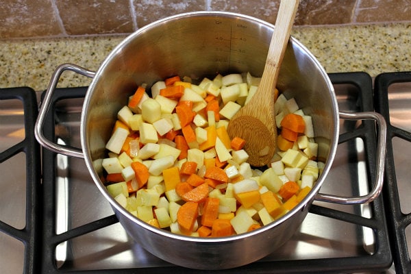 Autumn Vegetable Soup from RecipeGirl.com #soup #comfortfood #vegetablesoup #vegetables #recipegirl vegetables in a pot