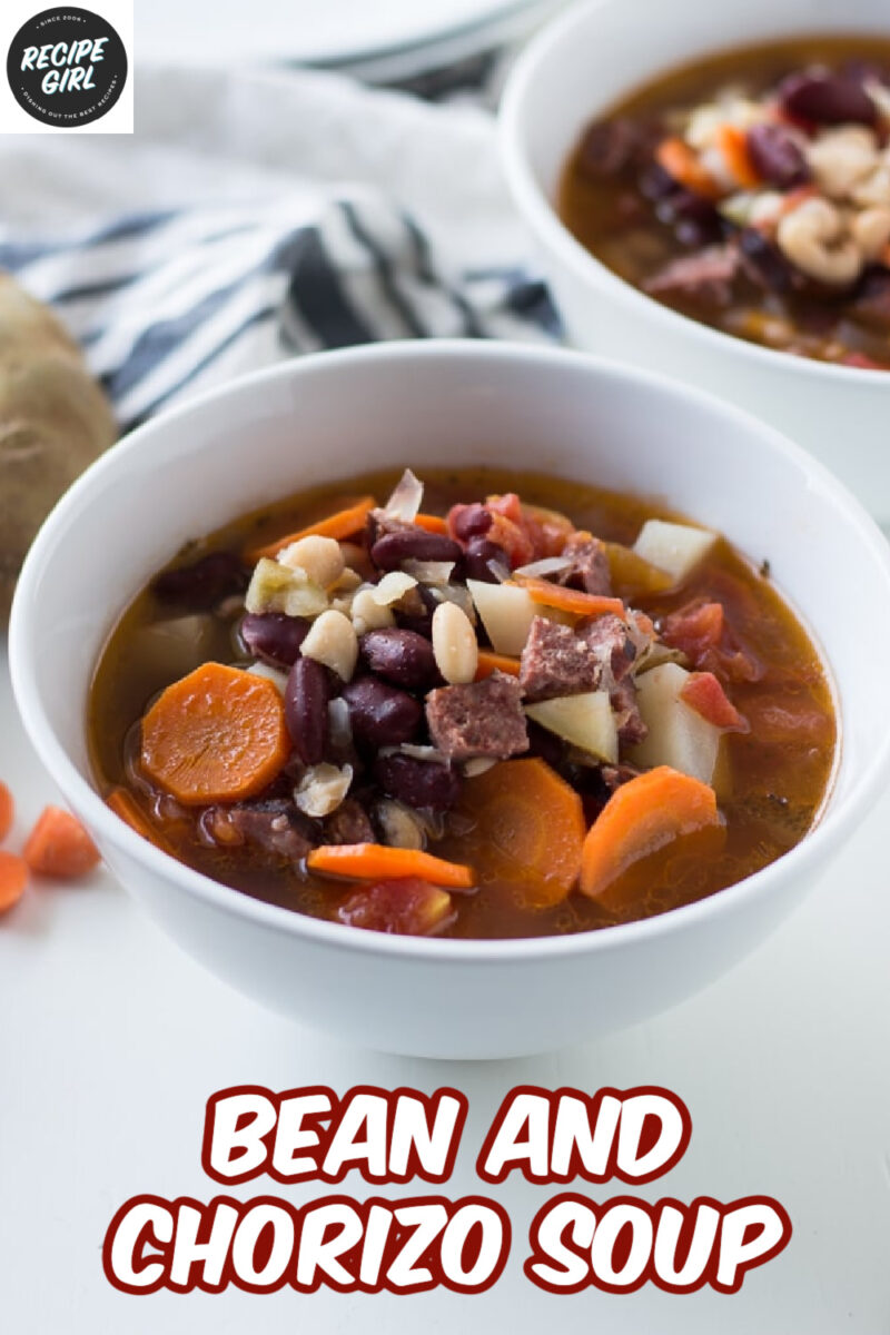 Bean and Chorizo Soup in a white bowl - Pinterest Pin