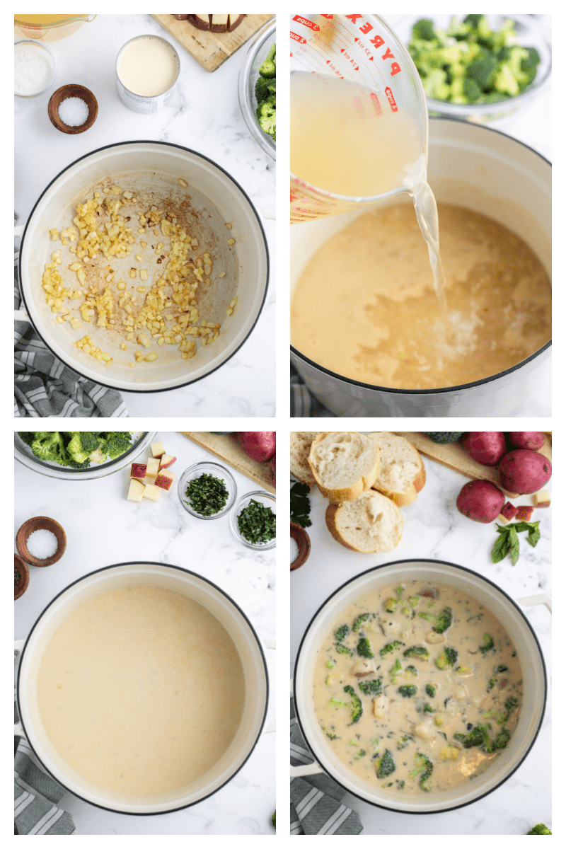 four photos showing process of making broccoli potato soup in pot