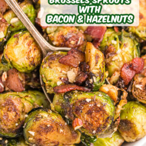 pinterest image for brussels sprouts with bacon and hazelnuts