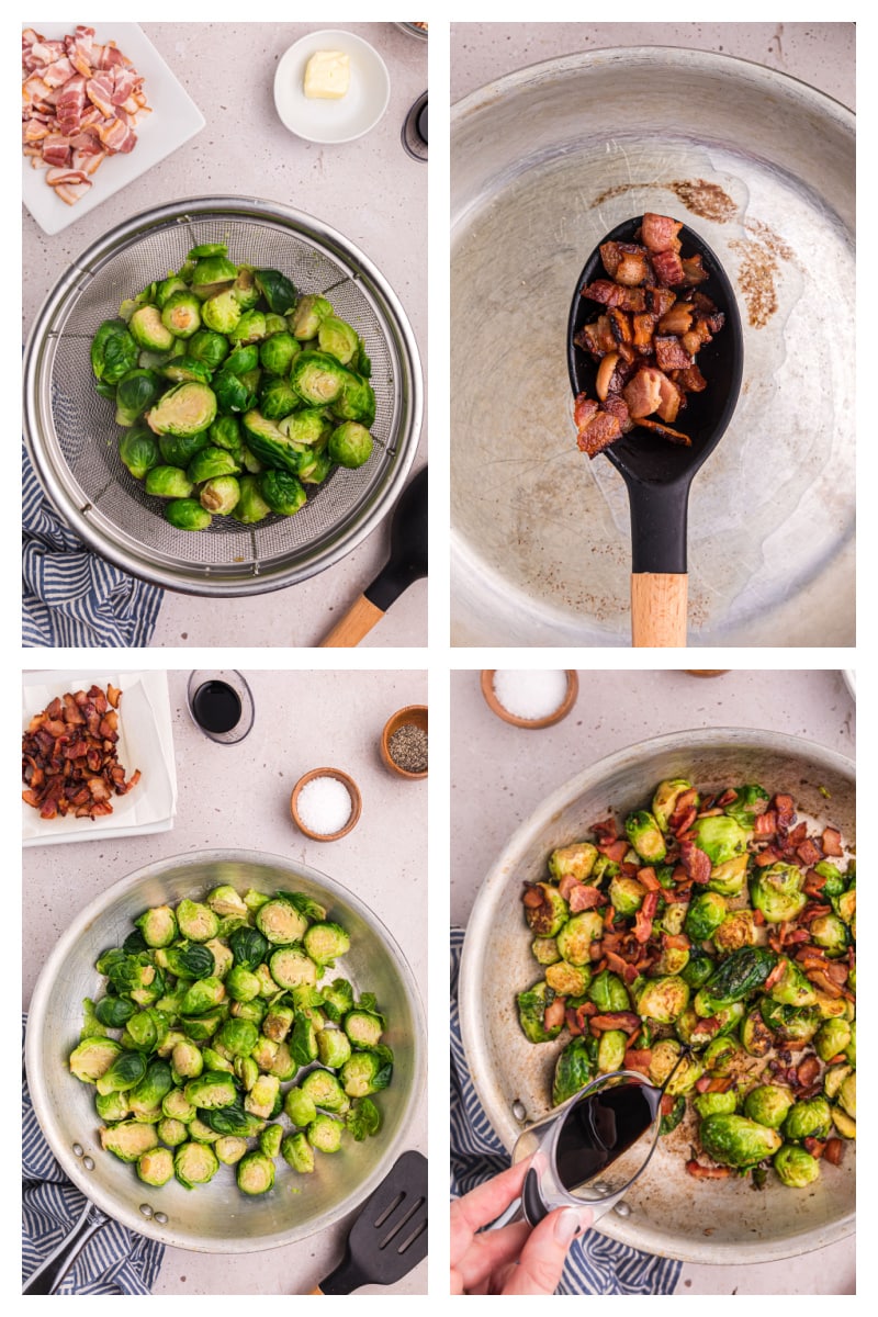 four photos showing how to make brussels sprouts with bacon and hazelnuts
