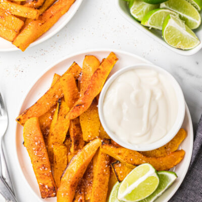 butternut squash fries on a plate with dipping sauce