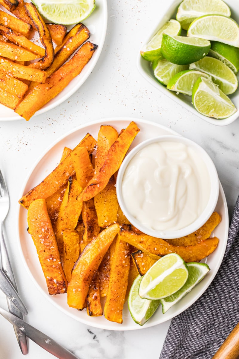 butternut squash fries on a plate with dipping sauce