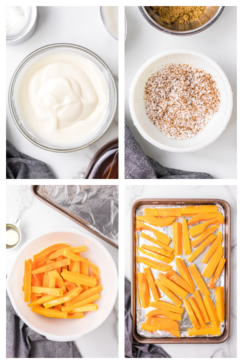 four photos showing how to make butternut squash fries and dipping sauce