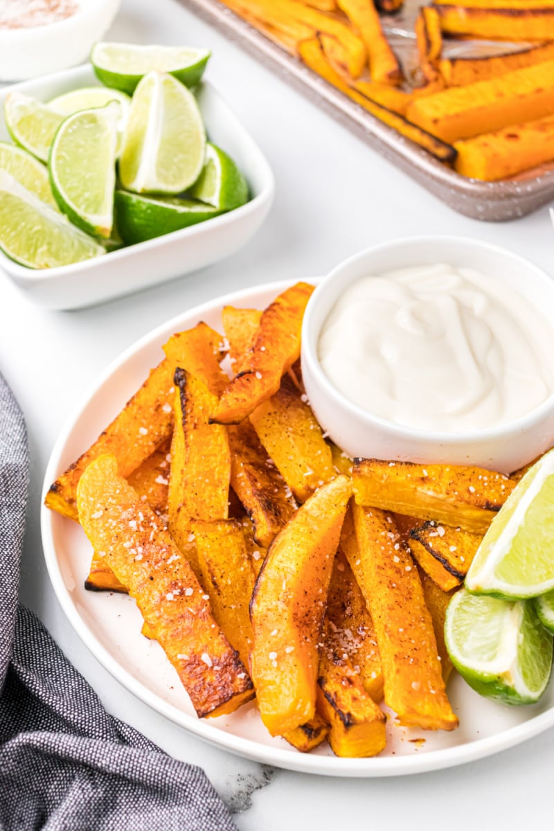 butternut squash fries on a plate with dipping sauce