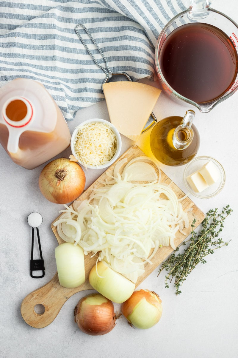 ingredients displayed for making caramelized onion soup