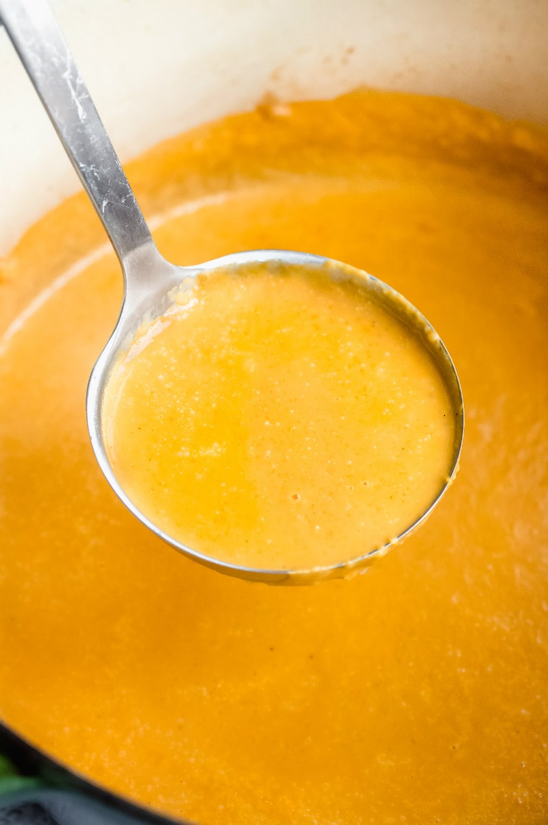 Carrot and Butternut Squash Soup recipe from RecipeGirl.com #carrot #butternut #squash #butternutsquash #soup #recipe #RecipeGirl ladle of carrot and butternut squash soup