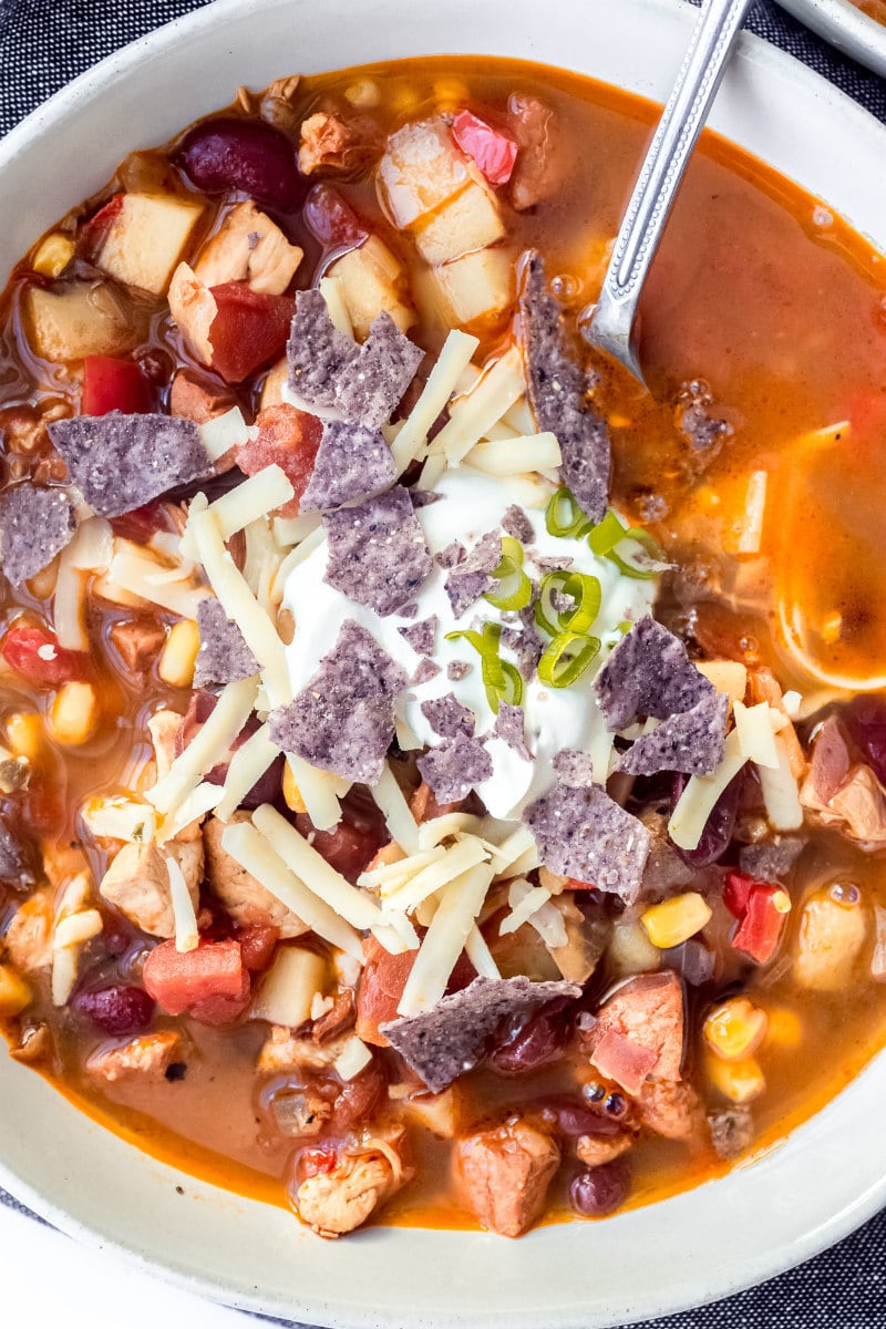 serving of chicken tortilla sausage soup with garnishes