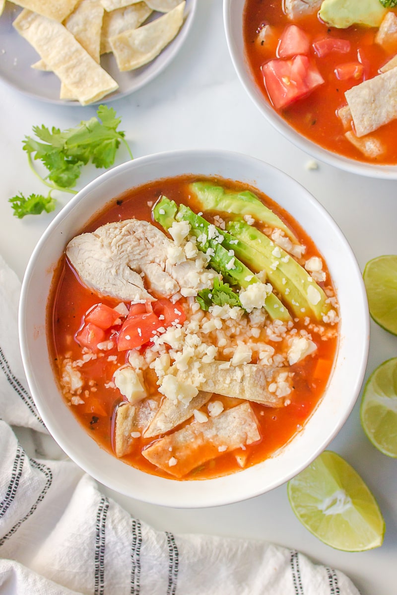 white bowl of chicken tortilla soup