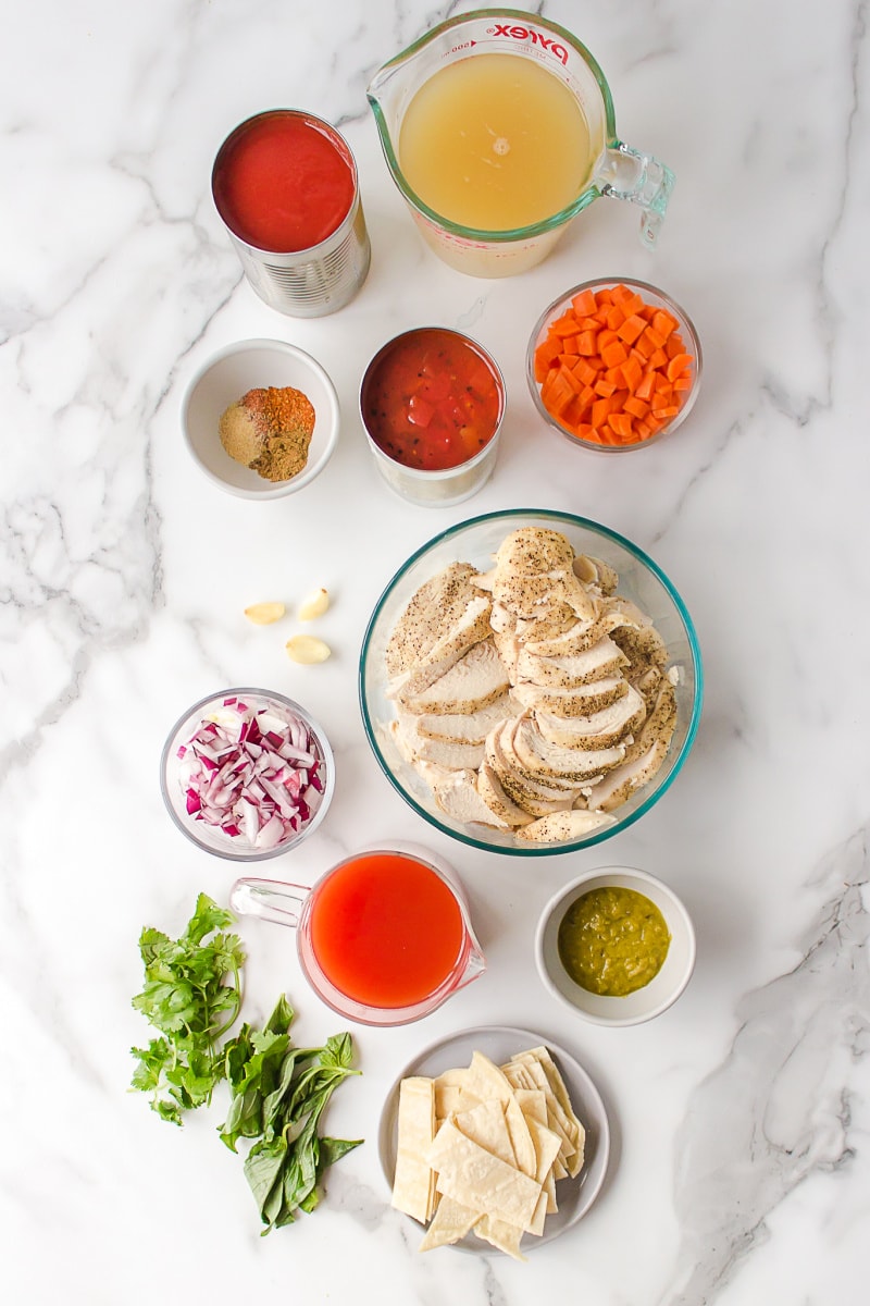 ingredients displayed for making chicken tortilla soup