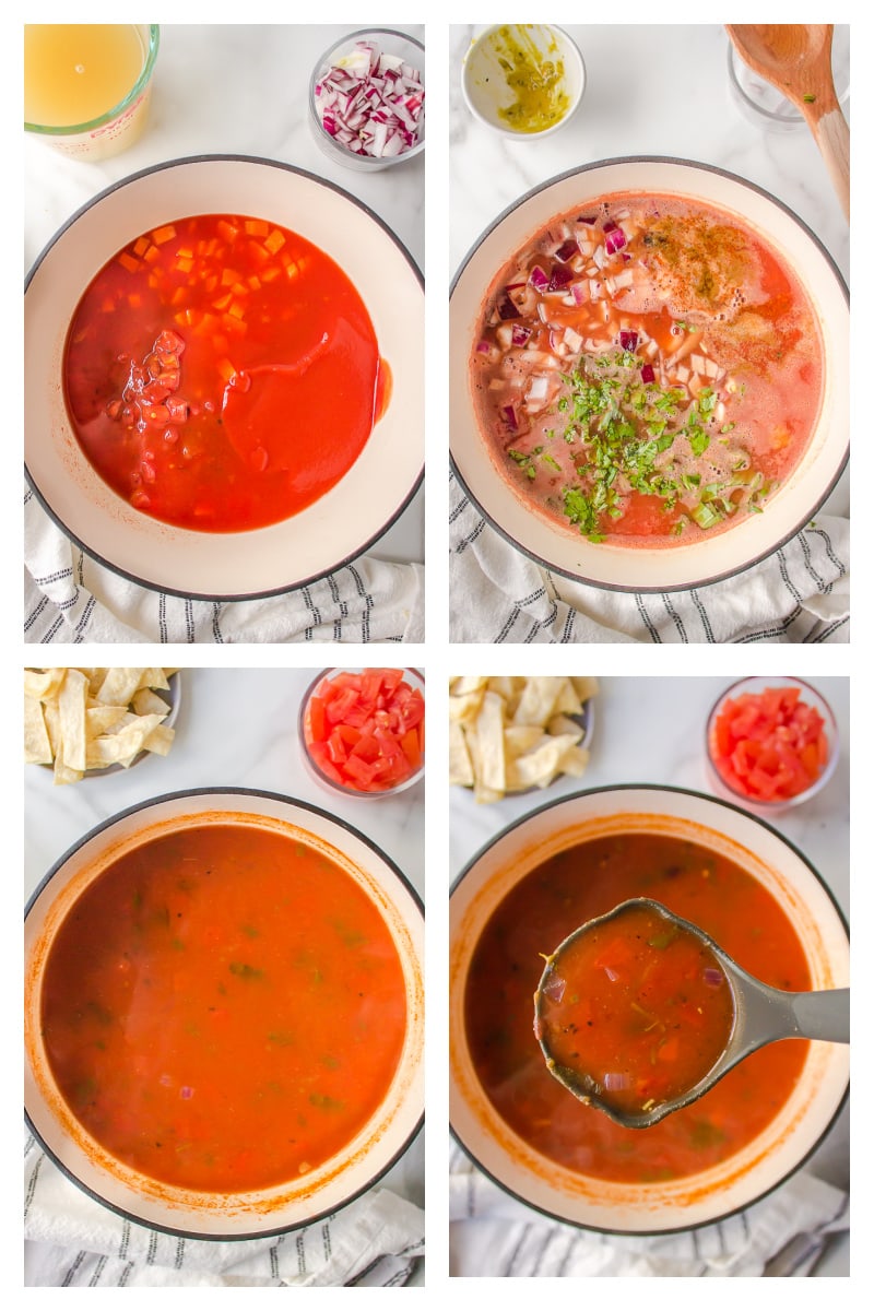 four photos showing preparing chicken tortilla soup in a pot