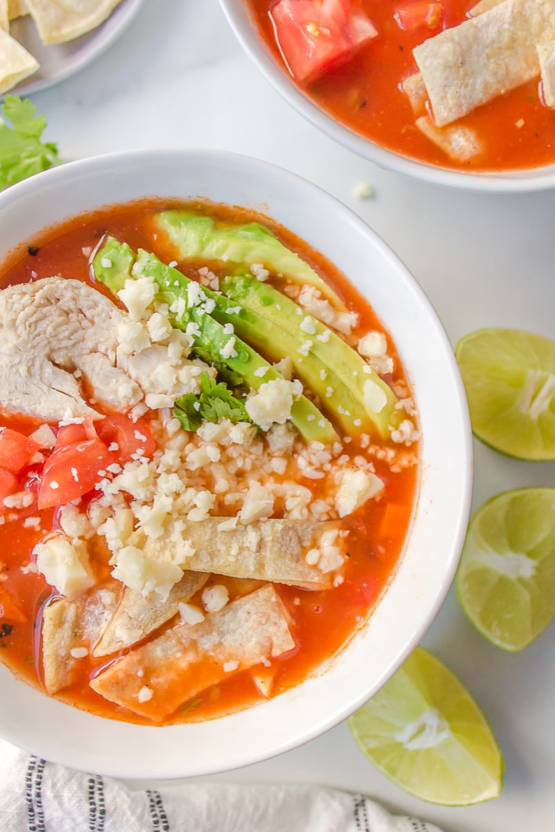 white bowl of chicken tortilla soup