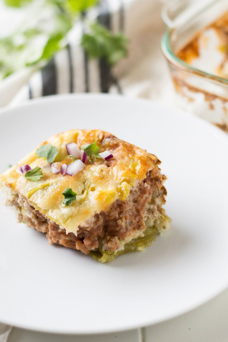 Chiles Rellenos Casserole recipe from RecipeGirl.com #chile #chiles #relleno #rellenos #casserole #mexican #ww #wwfreestyle #weightwatchers serving of Chiles Rellenos Casserole