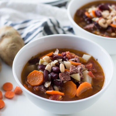 bean and chorizo soup in a bowl