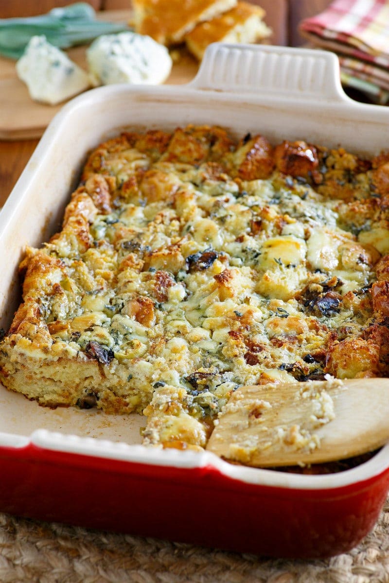 Cornbread and Gorgonzola Dressing in a casserole dish