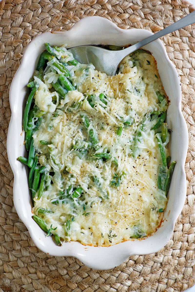 Creamy Baked Green Beans in a casserole dish