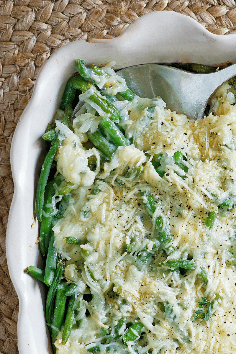 Creamy Baked Green Beans in a casserole dish
