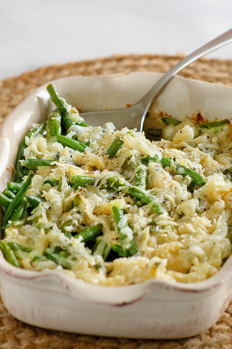 Creamy Baked Green Beans in a casserole dish